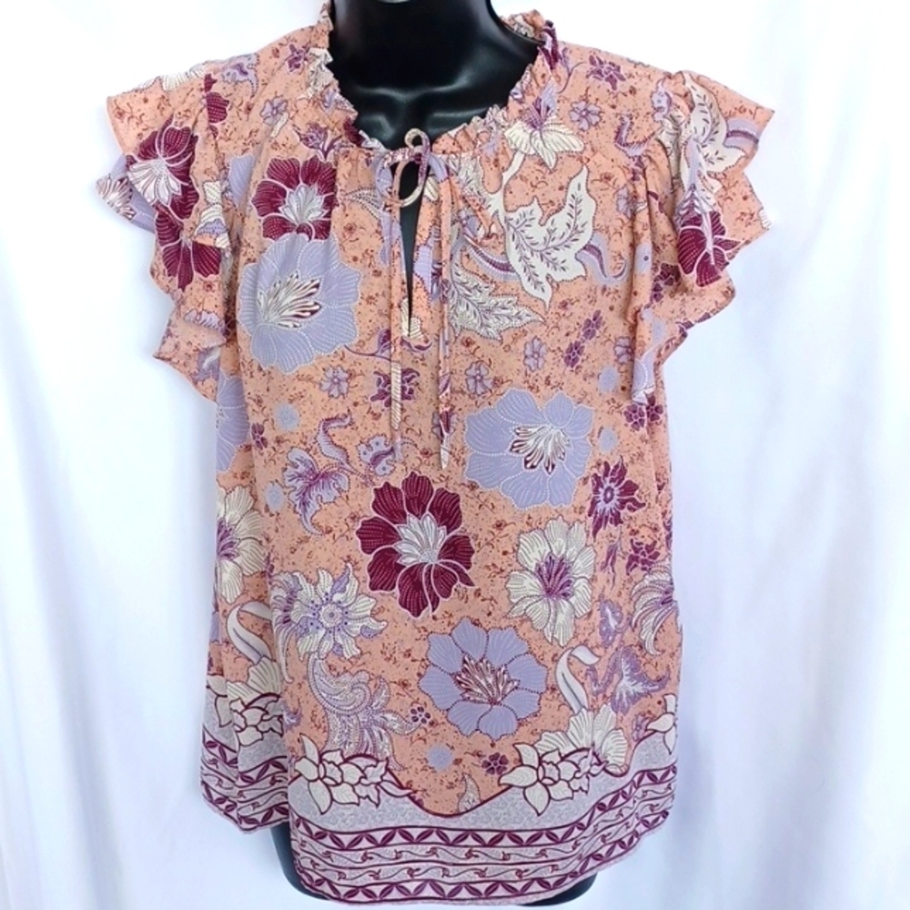 JOIE Womens M Floral Blouse Flutter Sleeves Loose Fit
